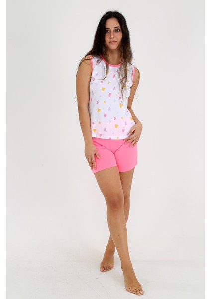 Kalp Desenli, Pembe Şortlu, Kolsuz Pijama Takımı