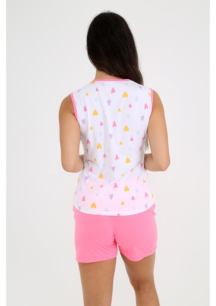 Kalp Desenli, Pembe Şortlu, Kolsuz Pijama Takımı