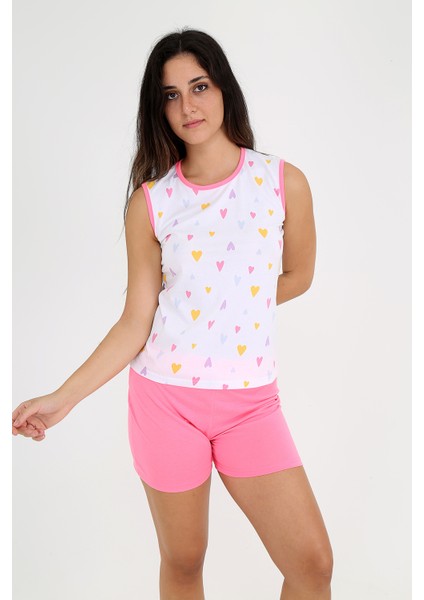 Kalp Desenli, Pembe Şortlu, Kolsuz Pijama Takımı
