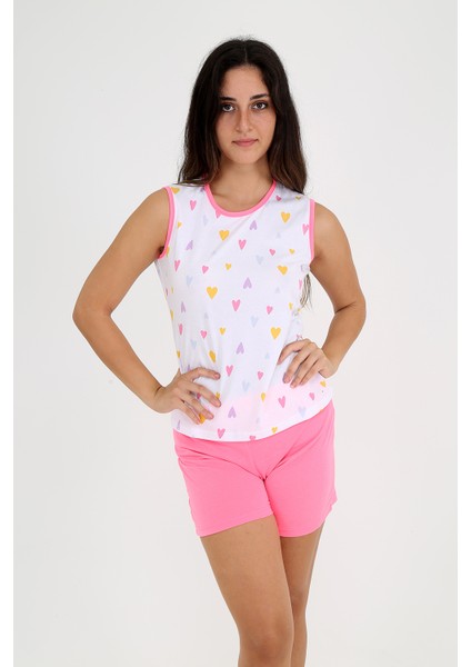 Kalp Desenli, Pembe Şortlu, Kolsuz Pijama Takımı fiyatları