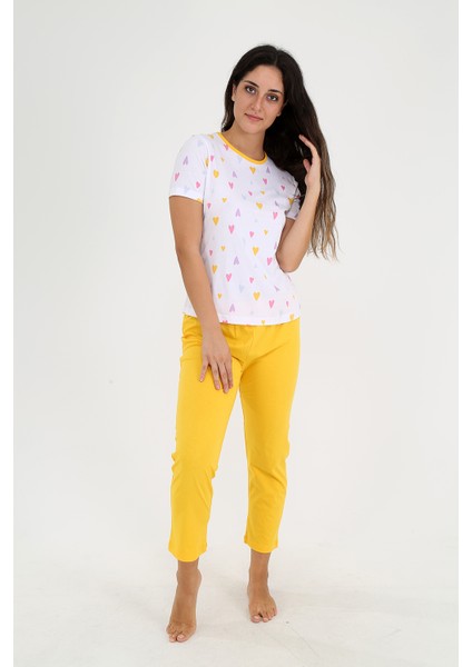 Kısa Kollu Kalp Desenli Pijama Takımı
