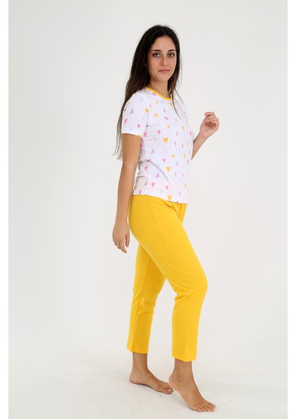 Kısa Kollu Kalp Desenli Pijama Takımı