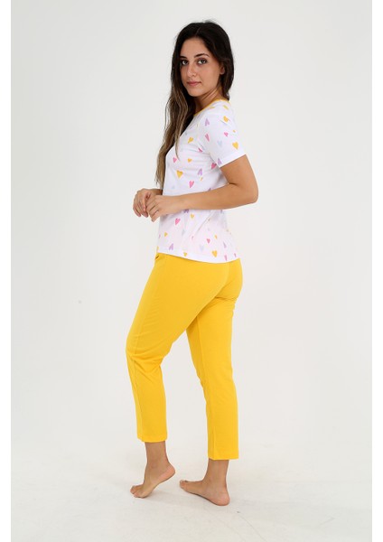 Kısa Kollu Kalp Desenli Pijama Takımı