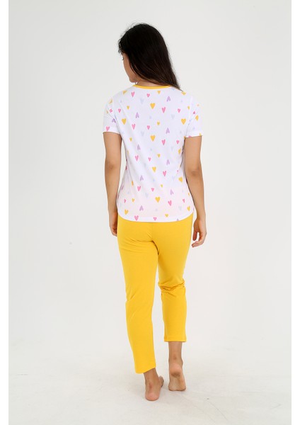Kısa Kollu Kalp Desenli Pijama Takımı