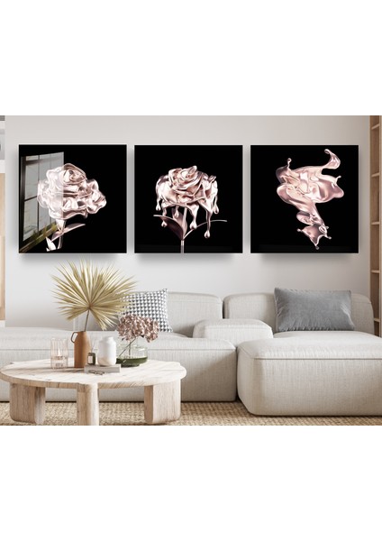 Akan Gül 3lü Kare Cam Tablo,çiçek Tablo,gül Tablo,doğa Tablo,duvar Dekor,büyük Tablo,cam Duvar Tablo