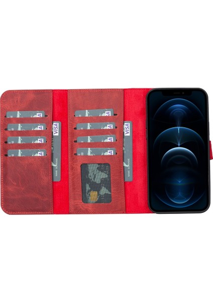 Apple iPhone 13 Pro Max Uyumlu Deri Cüzdanlı Kılıf Santa G4 Kırmızı modelleri