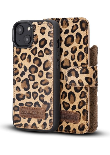Apple iPhone 14 Uyumlu Deri Cüzdanlı Kılıf Mwwn Leo1 Leopar