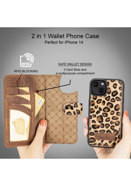 Apple iPhone 14 Uyumlu Deri Cüzdanlı Kılıf Mwwn Leo1 Leopar