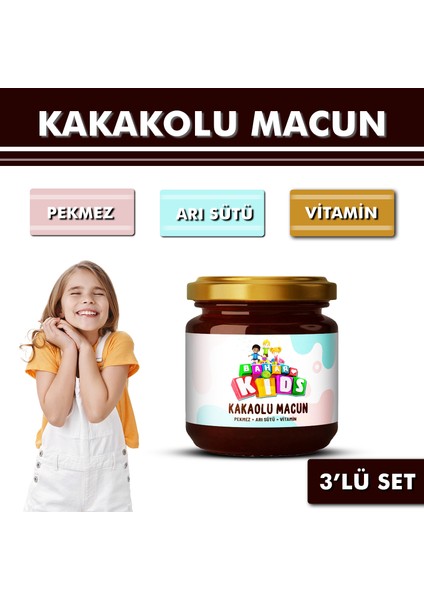 Çocuklar İçin Özel & Arı Sütü Pekmez Bal ve Vitamin Kakaolu Macun 3 x 240 gr