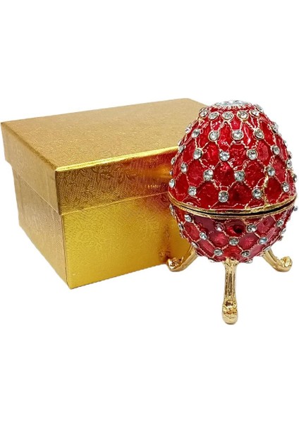 Dünyadan Hediyeler Faberge Yumurta Swarovski Taşlı Lüks Mücevher Kutusu Kırmızı 10 cm