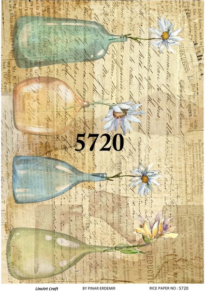 5720 Cam Şişede Çiçekler ve Yazı Desen Pirinç Dekopaj 30X42