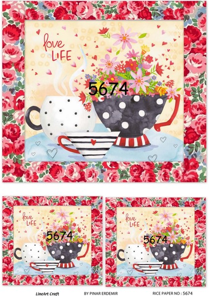 5674 Renkli, Puantiyeli, Çizgili Fincan, Çiçek Desenli Pirinç Dekopaj 30X42