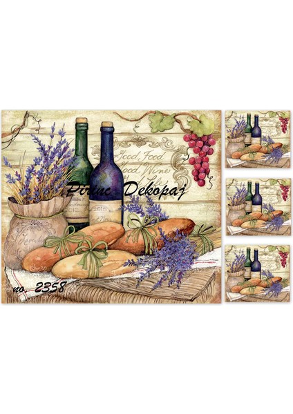 2358 Şarap Şişeleri, Üzüm, Ekmek, Lavanta Pirinç Dekopaj 30X42