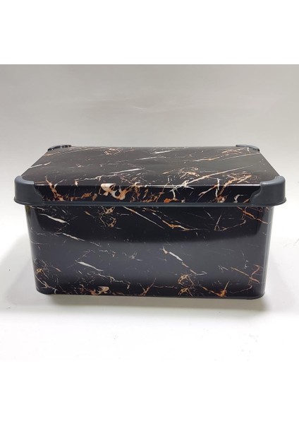10 Lt Siyah Mermer Desenli Kapaklı Dekoratif Kutu Plastik Saklama Kabı 35X23 H17CM Hediye Için Süper