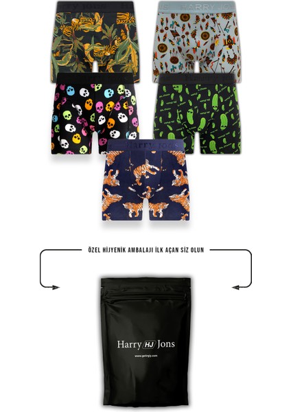 Erkek 5'li Desenli Renkli Pamuklu Premium Hijyenik Paket Boxer