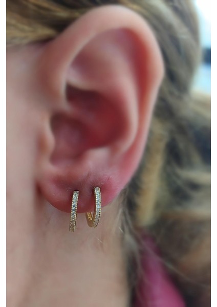 Gümüş 1 cm Ince Taşlı Bayan Halka Küpe NZ45T2