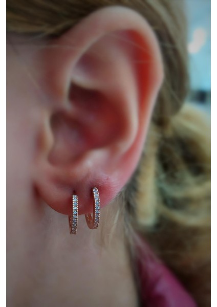 Gümüş 1 cm Ince Taşlı Bayan Halka Küpe NZ11D3