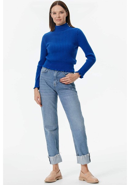 Yarım Balıkçı Düğmeli Derbili Triko Kazak - Saks