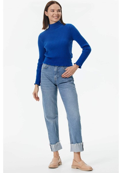 Yarım Balıkçı Düğmeli Derbili Triko Kazak - Saks modelleri