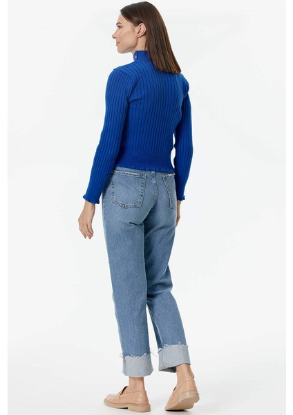 Yarım Balıkçı Düğmeli Derbili Triko Kazak - Saks fırsatları