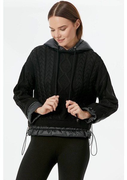 Miflon Kombinli Kapüşonlu Triko Kazak - Siyah