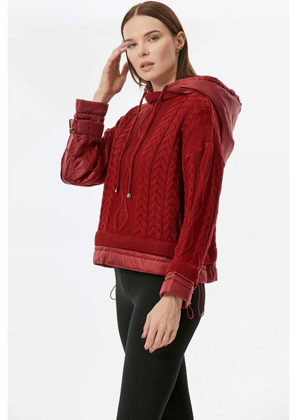 Miflon Kombinli Kapüşonlu Triko Kazak - Bordo