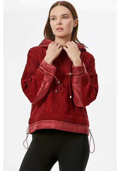 Miflon Kombinli Kapüşonlu Triko Kazak - Bordo modelleri