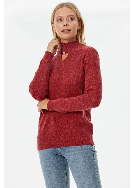 Damla Yaka Inci Detaylı Triko Kazak - Kırmızı modelleri