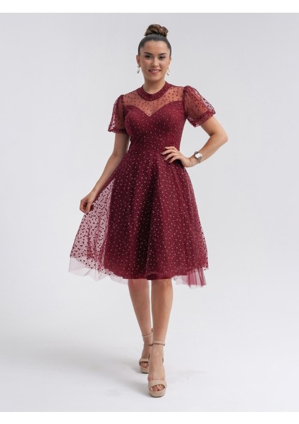 Tül Kumaş Yıldız Desenli Midiboy Elbise - Bordo