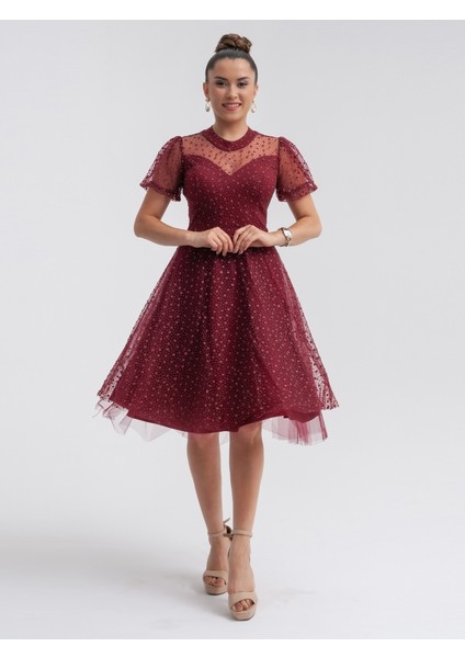 Tül Kumaş Yıldız Desenli Midiboy Elbise - Bordo fiyatları