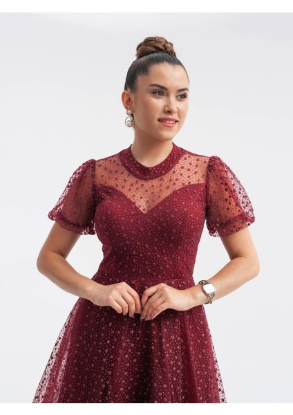 Tül Kumaş Yıldız Desenli Midiboy Elbise - Bordo modelleri
