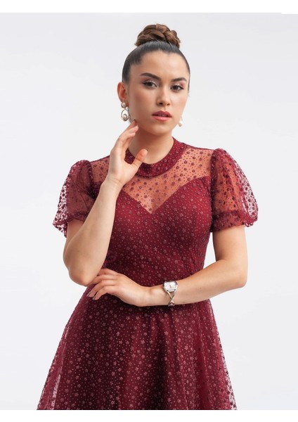 Tül Kumaş Yıldız Desenli Midiboy Elbise - Bordo fırsatları