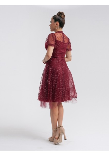 Tül Kumaş Yıldız Desenli Midiboy Elbise - Bordo indirimleri