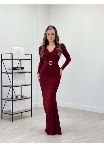 Pırıltılı Kumaş V Yaka Balık Elbise - Bordo