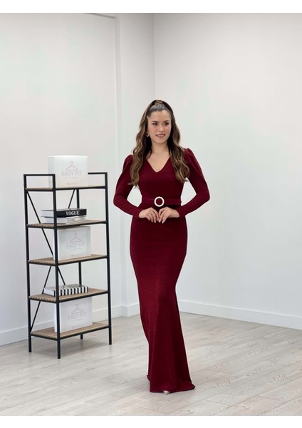 Pırıltılı Kumaş V Yaka Balık Elbise - Bordo fiyatları