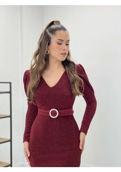 Pırıltılı Kumaş V Yaka Balık Elbise - Bordo fırsatları