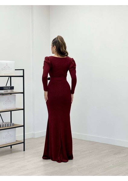 Pırıltılı Kumaş V Yaka Balık Elbise - Bordo indirimleri