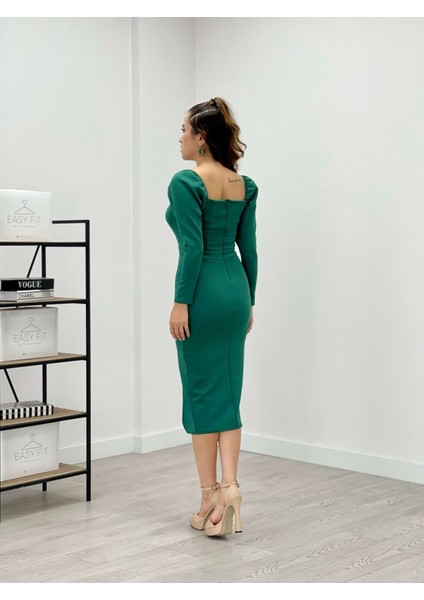 Scuba Kumaş Yırtmaç Detaylı Elbise - Zümrüt Yeşil indirimleri