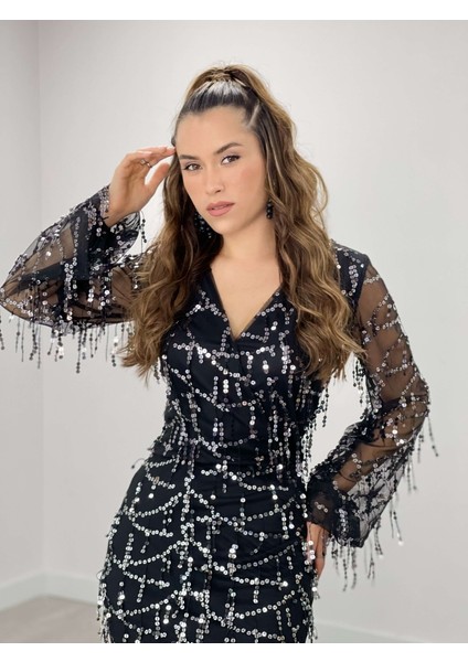 Pul Saçaklı Tasarım Elbise - Gümüş modelleri