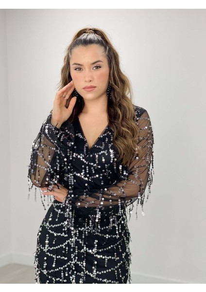 Pul Saçaklı Tasarım Elbise - Gümüş fırsatları