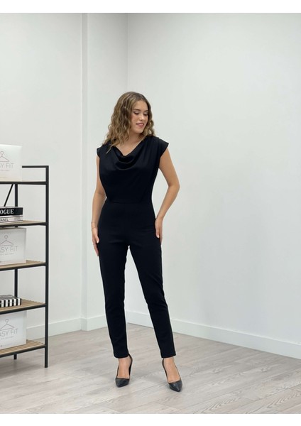 Krep Kumaş Degaje Yaka Tulum - Siyah fiyatları