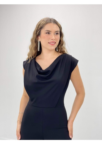 Krep Kumaş Degaje Yaka Tulum - Siyah modelleri