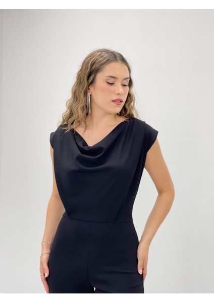 Krep Kumaş Degaje Yaka Tulum - Siyah fırsatları