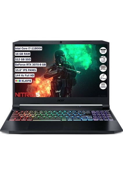 Nitro 5 AN515-57 İntel Core i7 11800H 16 GB 512 GB SSD RTX 3070 8 GB Freedos 15.6" FHD Taşınabilir Bilgisayar NH.QFGEY.002