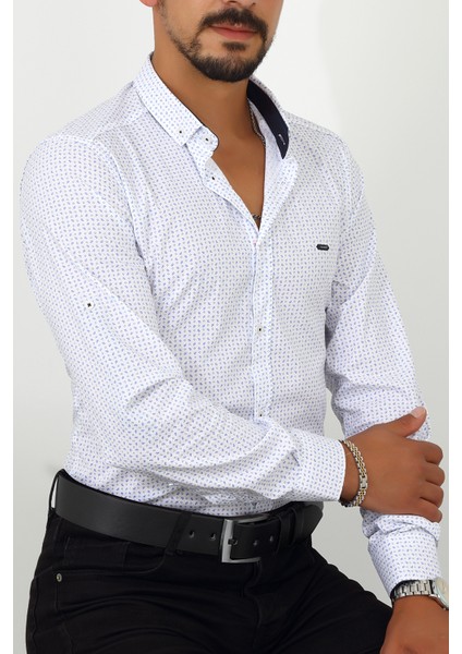 Slim Fit Desenli Beyaz Renk Erkek Gömlek modelleri