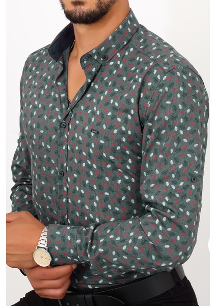Slim Fit Desenli Yeşil Renk Erkek Gömlek indirimleri