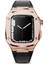 Apple Watch 7 Metal Çerçeveli ve Tokalı Deri Kordon Kayış KRD-67 45mm Siyah - Rose Gold 1