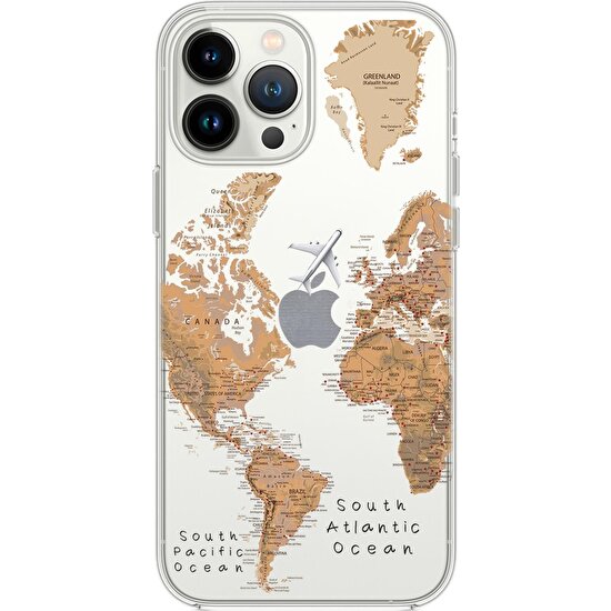 Moodcase iPhone 14 Pro Max Uyumlu Dünya Harita Desenli Şeffaf Silikonlu Telefon Kılıfı