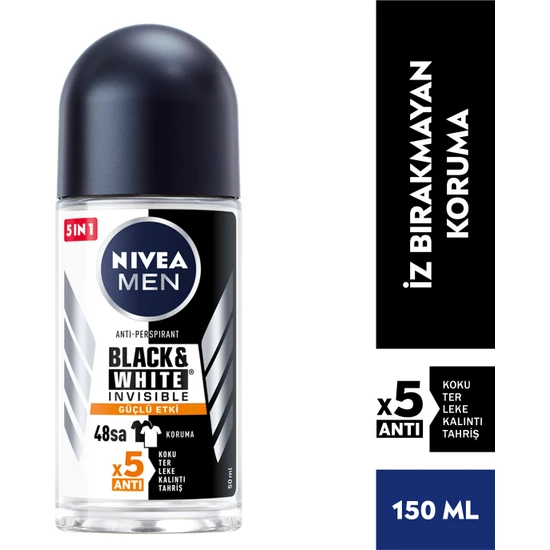 NIVEA Men Erkek Roll On Deodorant Black&White Invisible Güçlü Etki 50ml; Ter ve Ter Kokusuna Karşı 48 Saat Anti-perspirant ; İz Bırakmayan Formül
