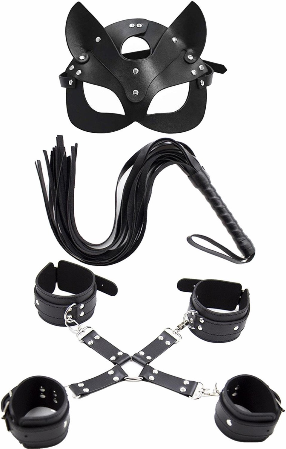 Günkar Siyah Çapraz Kelepçe Maske ve Kırbaç Harnes Fantezi Aksesuar Set